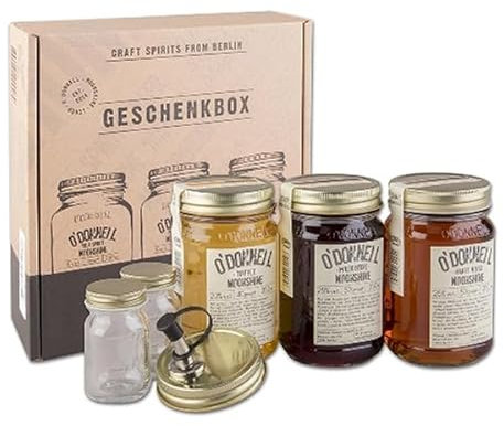 O'Donnell Moonshine Likör Geschenkset TOFFEE, mit Ausgießer + Shotgläsern, alc. 20-25 Vol.-%- 3 x 0,35 l + Tabakguru Kugelschreiber