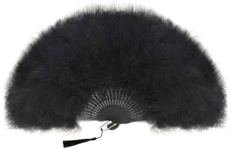 Vintage Black Feather Hand Fan 50cm - Folding Handheld Fans for Women - Wedding Accessory