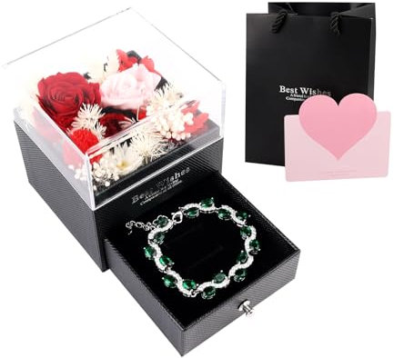 vctiol Preserved Real Rose Gifts for Lady Mom Wife Girlfriend, 3 Eternal Real Rose Box with Crystal Bracelet, Jewellery Gifts for Christmas Valentines Day Mothers Day, Anniversary Birthday (Green)