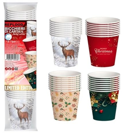 REPLOOD Bicchieri da Caffè Natalizi in Carta Biodegradabile, Biocompostabile, Edizione Limitata, 500 o 1000 Pezzi, Made in Italy (1000)