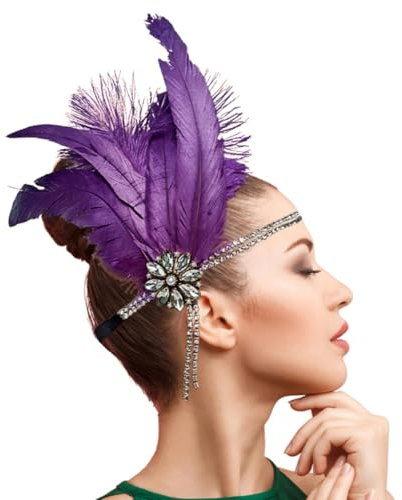 HIQIU 1920er Jahre Haarschmuck Damen - Flapper Kopfband mit Federn und Kristallen Gatsby Kopfschmuck Stirnband Feder Headpiece (Lila, Einheitsgröße)