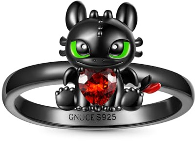 GNOCE Ring How to Train Your Dragon Ohnezahn umarmt Herz Ring 925 Sterlingsilber Schwarz Ring Herz CZ Stein Geschenk Ring Für Damen Frau mit Schmuckschatulle zum Valentinstag