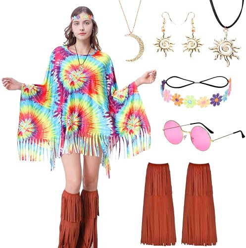 Aragallant Hippie kostüm Damen, 13 Stück Hippie Poncho Set, 60 er 70er Hippie Kleidung Poncho Disco Outfit Faschingskostüme Damen mit Quasten Beinärmel Stirnband Sonnenbrillen Halskette Ohrringe
