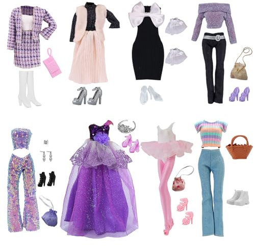 25 Puppen Kleidung und Zubehör, Kompatibel mit Barbie 1 Abendkleider 1 Fashion Set 1 Paillettenanzug 1 Pulloveranzug 3 Kleider 3 Handtasche 8 Schuhe 1 Krone 3 Zubehör, für 11,5 Zoll Puppen