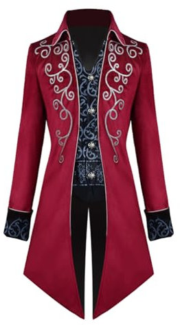 AJGEGJE Herren Steampunk Vintage Mantel, Gothic Retro Mantel Viktorianischen Mittelalter Frack, Karneval Party Cosplay Herren Kostüme für Erwachsene (Rot, L)
