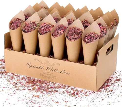 Halinuia Kit Confettis Mariage 30 Cônes 100g Pétales Séchées | Tube en papier kraft avec plateau de rangement, confettis de mariage et pétales de fleurs