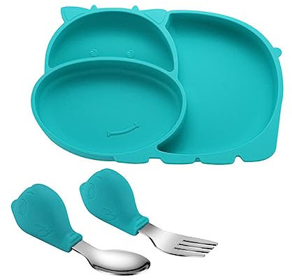 Hohopeti Plato De Silicona Para Cucharas y Tenedor De Entrenamiento De Comida Diseño Dividido Para Incluye Plato De Vaca y Cucharas De Cerdo