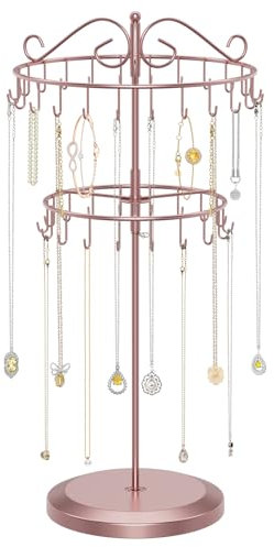 iDavosic.ly 2-Stufiger Kettenständer Schmuck Drehbar, 42-Haken Ketten Halsketten Aufbewahrung, Metall Kettenhalter für Armbänder Ring Armband Sonnenbrillen, Roségold