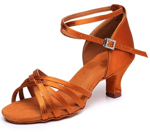 Hixingo Zapatos de Baile Latino para Mujer, Satén Zapatos de Baile de Salon | Práctica Profesional para Salsa Bachata Tango | Tacón 5cm -Bronce, 37EU