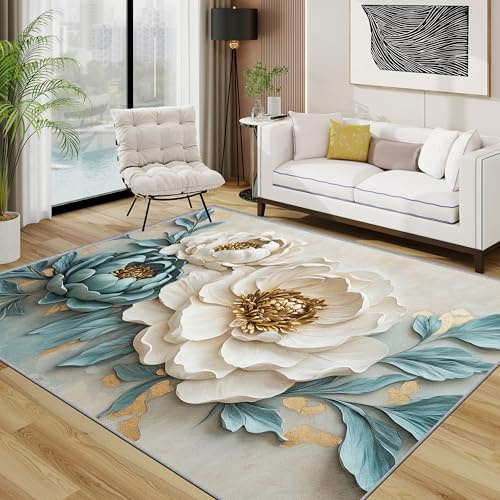 Generisch Blumen Teppich 140x200 cm, 3D Optische Illusion Visual Teppich Wohnzimmer, Luxus Pfingstrosen Kurzflor rutschfest Pflegeleicht Teppiche Für Jugendzimmer Schlafzimmer, Weiß Blau-Grün