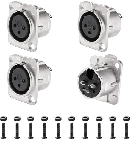 KUOQIY 4 Pezzi XLR Montaggio a Pannello Audio Adattatore, XLR Femmina Jack per Montaggio a Pannello Telaio Serie D, con Viti, Alloggiamento in Metallo Argento