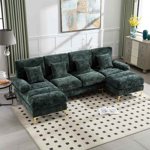 YEHTOKHOME Canapé modulable Moderne avec Fauteuil,canapé en U avec Pieds métalliques et Coussins,canapé 4 Places pour Salon,Chambre à Coucher et Bureau,Chenille (Vert émeraude)