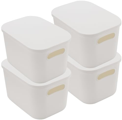 4 PCS 25 x 18 x 16cm Plastic Storage Boxes With Lids, White Stackable Box | UNGFEI, for Bathroom, Bedroom, Office