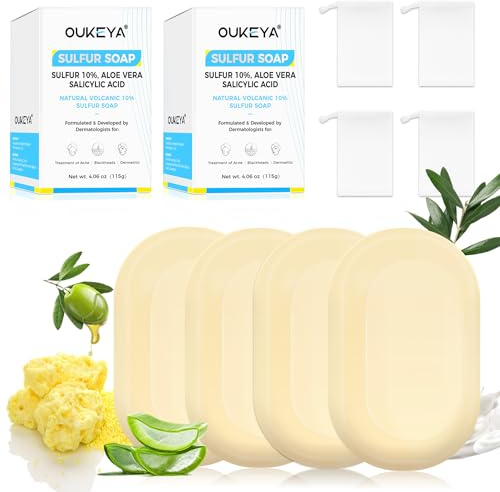 OUKEYA 10% Schwefel Seife, Ziegenmilchseife Gesicht, Salicylsäure, Teebaumöl, Aloe Vera, Antibakteriell, Beruhigend, Tiefenreinigung, Hautbarriere Reparierend, für Ölige & Akne-Neigende Haut, 4 x 115g