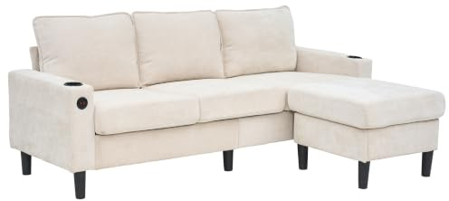 LANTRO JS Sofa, 3 Seater Sofas with USB Charging Ports and 2 Cup Holders on Armrest, Corner Sofa Couch with Ottoman for Living Room with 2 Side Pockets, Beige