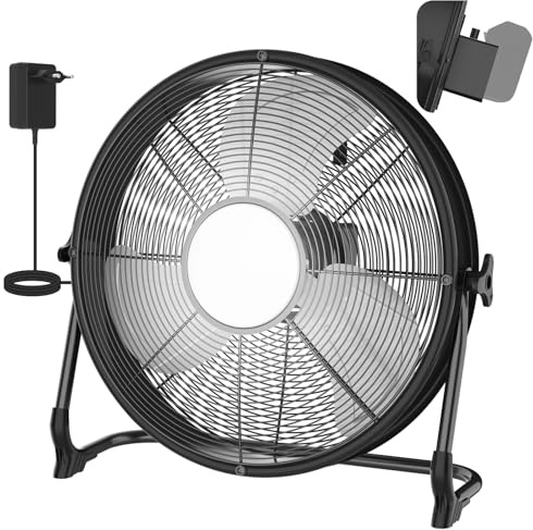 T-SUN 40cm Akku Ventilator mit Lampe, Bodenventilator kompatibel mit Makita 18V-Ohne Akku, Stufenlos Neigbarer, 1,5m Adapter, Leise Lüfter mit Typ C und USB-Aufladung für Camping Werkstatt Baustelle