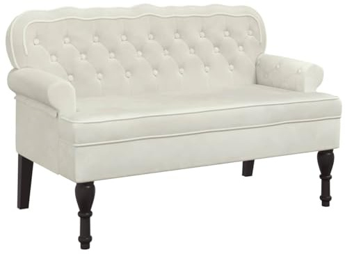 Qnhdfrt Sitzbank mit Rückenlehne, Polsterbank aus Samt in Creme, Elegante Bank mit Armlehnen und Beinen aus Kautschukholz, Vintage-Design für Flur Wohnzimmer Büro, 119,5x64,5x75 cm
