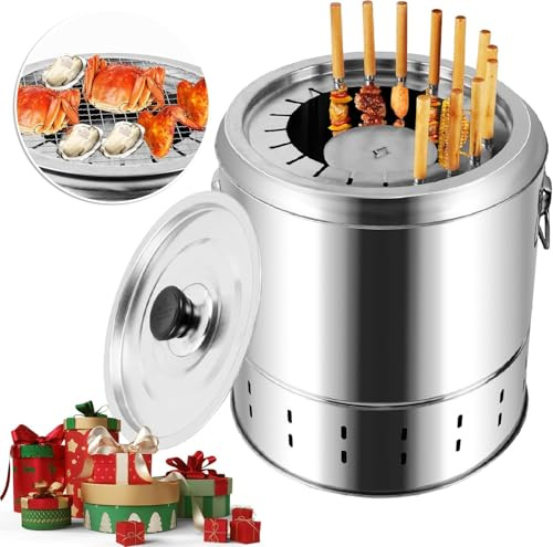 Barril para asar carne, parrilla vertical portátil de carbón ahumador con pinchos, parrilla de carbón para exteriores e interiores, camping, barbacoa de carbón sin humo