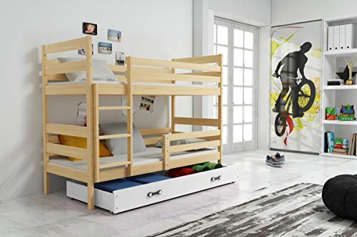 Interbeds Etagenbett Hochbett Eryk 90x200cm aus Kiefernholz; Kinderbett mit Lattenroste und Matratzen (Kiefer + weiße Schublade)