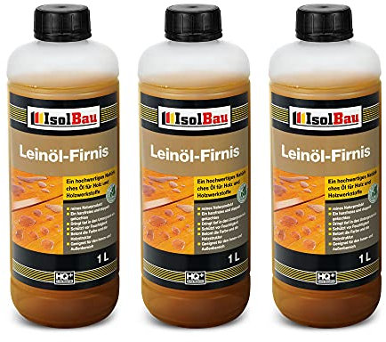 Isolbau Leinöl-Firnis - 3 x 1 Liter - Leinöl für Holz - Holzschutz für Außen und Innen Wetterfest - Doppelt gekochtes Holzöl als natürlicher Schutz für Möbel - Wasserabweisend