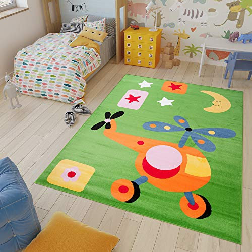 TAPISO Kinder Teppich Kurzflor Spielteppich Kinderteppich Hubschrauber Helikopter Mond Muster Grün Bunt Kinderzimmer ÖKOTEX 120 x 170 cm