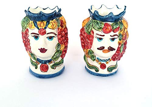 ILAB Coppia Teste di Moro vasi in Ceramica di caltagirone realizzate e Decorate a Mano dai ceramisti di caltagirone,Altezza 13cm,soprammobili in Ceramica,Ceramica siciliana (Azzurro)