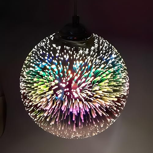 Pendelleuchte 3D Bunte - Pendelleuchte Vintage LED, Kronleuchter, Hängelampe Glas, Feuerwerk Lampenschirm, Bunt Höhenverstellbar E27 Hängeleuchte für Küche Restaurant Schlafzimmer Bar, 25cm (Silber)