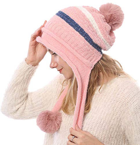 GUMONI Winter Ohrenschützer Gestreifte Bommelmütze Damen Chenille Fleece Gefüttert Dick Warme Gestrickte Mütze mit 3 Pompon Strickmütze Rosa