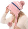 GUMONI Winter Ohrenschützer Gestreifte Bommelmütze Damen Chenille Fleece Gefüttert Dick Warme Gestrickte Mütze mit 3 Pompon Strickmütze Rosa
