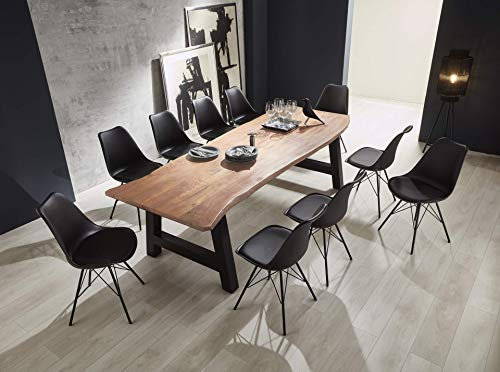 SAM 11 TLG. Essgruppe Adelaide 260 x 100 cm, Akazienholz massiv & naturfarben, Baumkantentisch mit A-Gestell Schwarz + 10x Schalenstuhl Lerche in Schwarz
