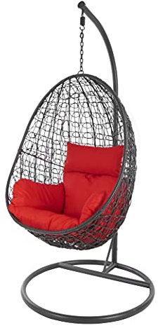 KIDEO Komplettset: Hängesessel mit Gestell & Kissen, Korbsessel, Poly-Rattan (Gestell- und Korbfarbe: dunkelgrau, Kissen: rot Nest (3050 Scarlet))