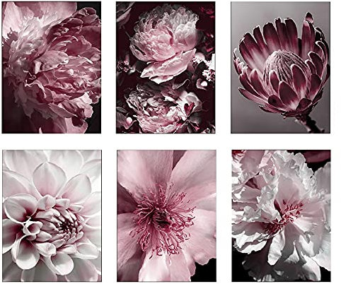 OYFFL 6 Stücke Leinwand Poster Set Pfingstrose Blume Poster Tropische Landschaft Kokospalme Blatt Surfbrett Malerei Natur Poster Wandkunst Dekorieren Für Wohnkultur (20 * 30cm No Frame,2)