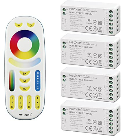 LIGHTEU®, Milight Miboxer Fernbedienungskit: Packung mit 4x RGBCCT LED Streifensteuerungen und 1x 4-Zonen LED RGBCCT Fernbedienung 4x fut039S + fut092
