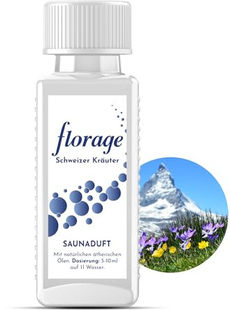 Florage 100ml Saunaaufguss SCHWEIZER KRÄUTER - 50 Jahre Erfahrung als deutsche Duftmanufaktur, hochergiebiges Aufgussmittel für die Sauna, viele Aufguss Düfte, vegan und ohne Tierversuche