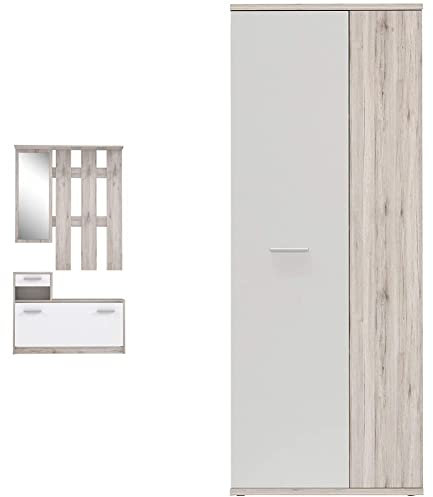 Forte Foxi Kompaktgarderobe inklusive Spiegel, Holzwerkstoff, Sandeiche Dekor, 97.5 x 25 x 180 cm & Net106 Schuhschrank mit 2 Türen, Holzwerkstoff, Sandeiche + Weiß, 68.90 x 34.79 x 179.1 cm