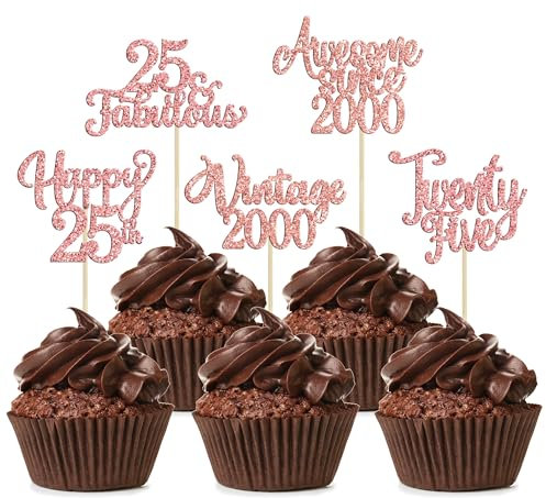 30Pcs Vintage 1999 Cupcake Toppers Glitter Twenty-Five 25 Fabulous Happy 25th Birthday Cupcake Picks Awesome Since 1999 Cake Decorations for 25th Birthday Retirement Party Supplies Rose Gold