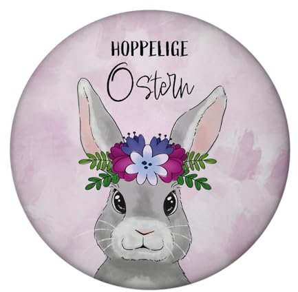 Hoppelige Ostern Magnet rund mit Flaschenöffner mit süßem Osterhasen als Osterdeko und zum Anpinnen von Notizen am Kühlschrank zur Osterzeit um die Wohnung zum Frühling zu
