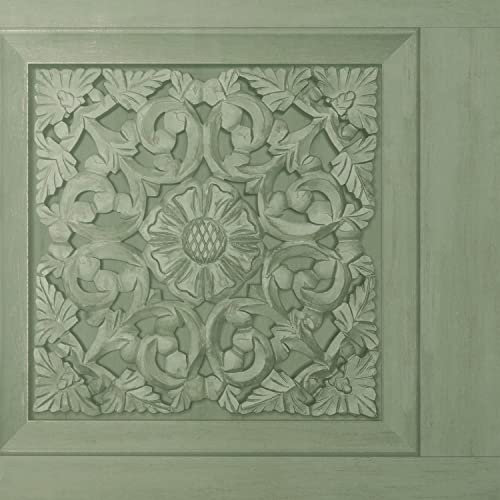 Carved Wood Panel Sage Green Wallpaper - Modern Floral Flowers Contemporary Feature Wall