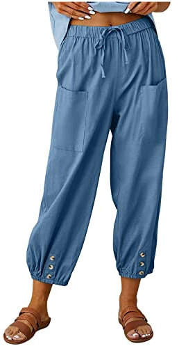 7/8 Hosen Damen Schwarze Hose Damen Hose Damen Elegant Einfarbiges High Waist Schlupfhose Mit Taschen Kordelzug Elastische Taille 3/4 Hose Locker Palazzo Hose Arbeitslatzhose Damen (Blau, S)