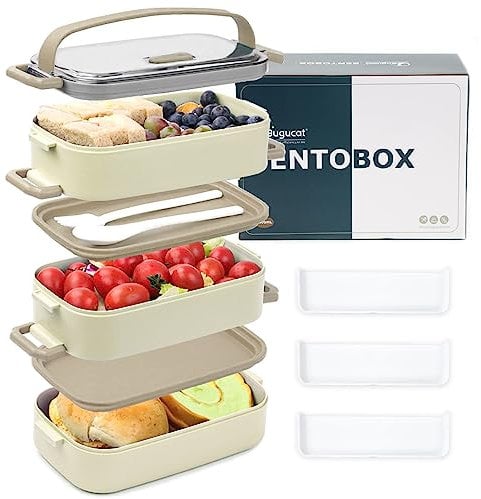 Bugucat Lunchbox 2400ML, 3 in 1 Bento Box Brotdose Auslaufsicher Luftdichte Brotzeitbox mit Fächern und Besteckset, Frühstücksbox Jausenbox für Unterwegs,Brotbüchse Vesperdose für Erwachsene Beige