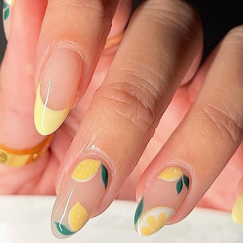 24 Pièces Amande Faux Ongles Moyen Français Press on Nails avec Autocollant Adhesif Couverture Complète Naturel Ongles à Coller Artificiels pour Femme et Fille DIY Manucure (Jaune Citron)
