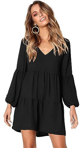 MeeQee Women's Casual Dress V-Neck Long Sleeve Mini Dress Loose Solid Swing Patchwork Ruffle Hem Midi Dresses Ladies Trendy Tunic Bodycon for Vacation Party Cocktail Black