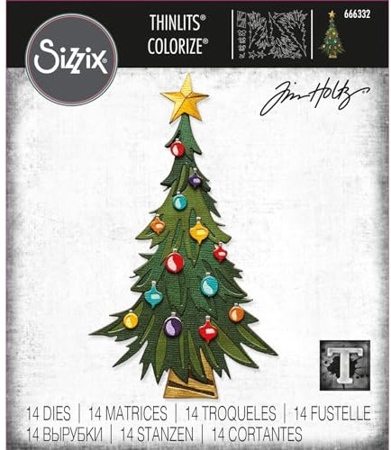 Sizzix Thinlits Set 14er-Pack Trim a Tree Colorize von Tim Holtz | 666332 | Hauchdünne Stanzformen aus Metall für Scrapbooking, Prägen, Journaling, Papier Kunststoff, Baum, One Size