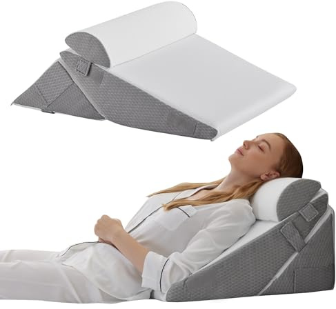 Bedluxe Wedge Pillow Headboard, 3PCS Orthopedic Bed Wedge Pillows Set for After Surgery, Adjustable Pillow Wedge for Acid Reflux&Back Pain Relief, Sleeping, Back Pillow for Bed Sitting Up, White/Grey