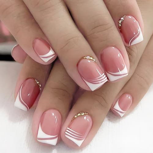 MrCuvaryas French Press On Nails Kurz, 24 Stück Französischer Nägel Zum Aufkleben, Natürlich Acrylic Künstliche Nägel mit Nagelkleber, Glossy Kunstnägel Selbstklebende Nail tips für Frauen & Mädchen