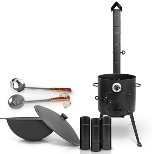 Feuerofen Ø 36 сm Thermometer Schornsteinverlängerung 3 Stk x 25 cm Gusseisen Topf Kazan flacher Boden Ø 36,7 cm (10 L) Schaumlöffel 48 cm Schöpfkelle 48 cm KazanoFF Kazan Gulaschkanone (Set 3)