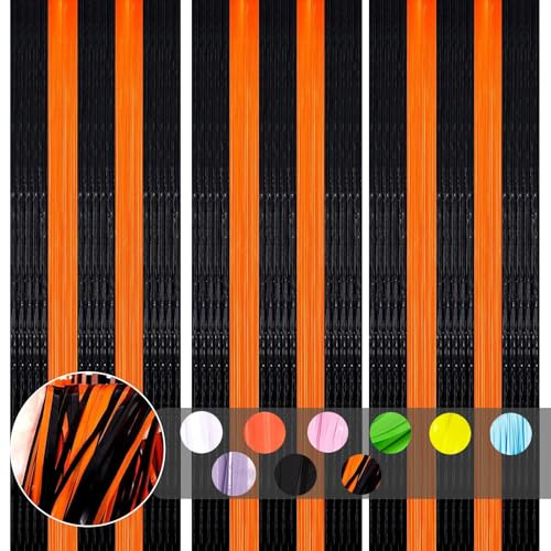 3 Stück Lametta Vorhang Macaron Schwarz Orange,Metallische Glitzervorhang Lametta 1x2m,Glitzer Tinsel Curtain Folienfransen Vorhang Fotowand Hintergrund Geburtstags Hochzeit Weihnachten Halloween Deko