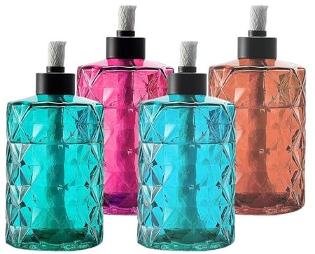 COMFOLIVING Torche de Table, 4 Torches de Table de Patio, Lampes de Table Portables, Bougie colorée en Verre, Torches de Table, Lampe de Table décorative en Cristal pour la Maison, Graden