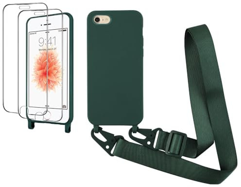 CaseLover Handyband kompatibel iPhone SE 2022/8/7/6/6S/SE 2020 Hülle mit Band, Silikon Necklace Handyhülle mit 2 Stück Schutzfolie Verstellbarer Kordel zum Umhängen Stossfest Schutzhülle, Dunkelgrün