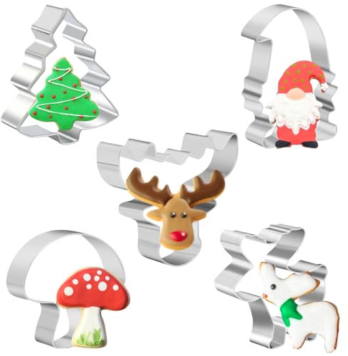 PTaizjjz Ausstechformen-Set für Weihnachten, Weihnachtsbaum, Zwerg, Rentier, Pilz, Urlaub, Fondant, Keksausstecher, 5 Stück